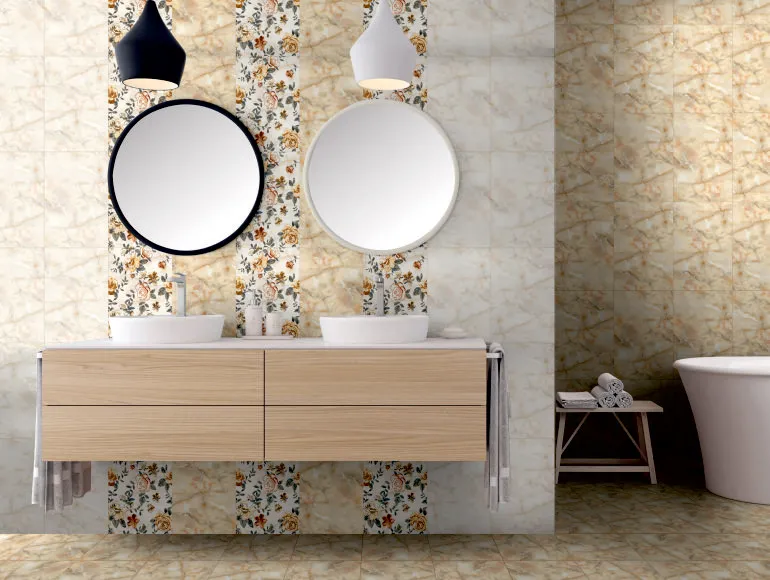 Omega Beige Tiles for a Stylish Beige Bathroom Design with Sink and Round Mirror